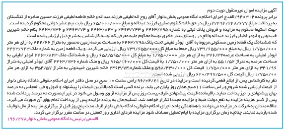 مزایده,مزایده ششدانگ زمین مسکونی عرصه 422.66متر