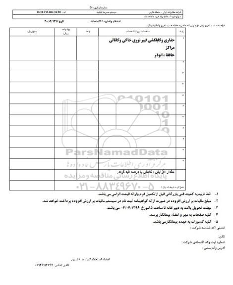 استعلام بهاء, استعلام بهاء حفاری و کابکلشی فیبر نوری خاکی و کانالی 