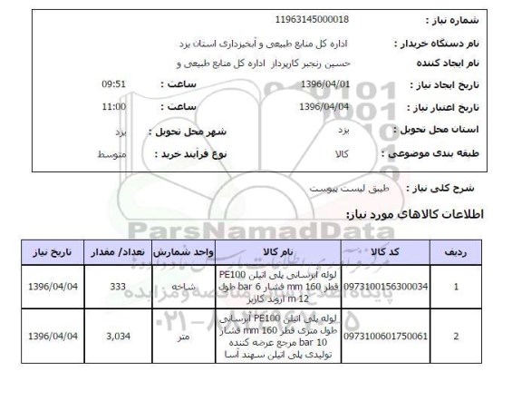 استعلام, استعلام لوله آبرسانی 