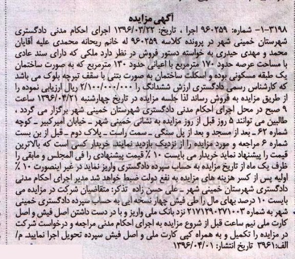 مزایده,مزایده ملک مساحت عرصه 170 مترمربع