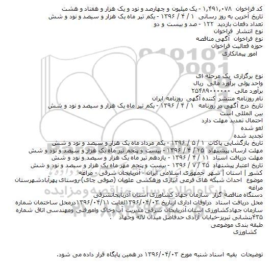مناقصه احداث شبکه های فرعی آبیاری و زهکشی علویان