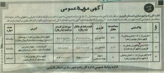مزایده , مزایده اجاره سالیانه اراضی