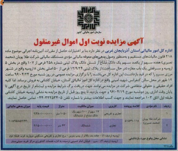 مزایده,مزایده 17 سهم از صد سهم یک دانگ مشاع از ششدانگ پلاک ثبتی 258 فرعی