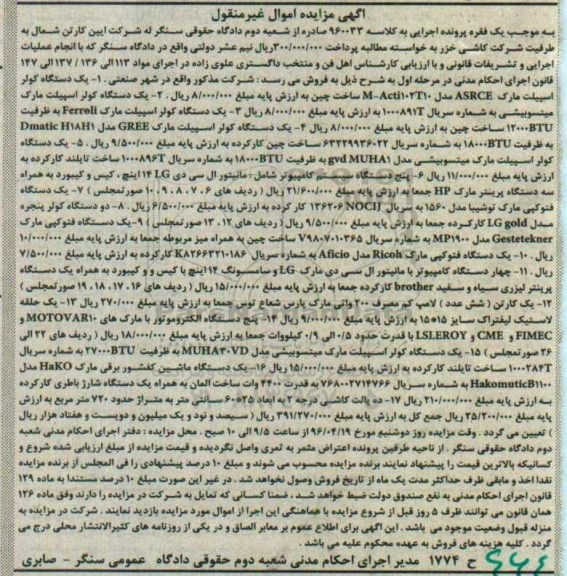 آگهی مزایده اموال غیر منقول , مزایده فروش انواع کولر اسپیلت ، پنج دستگاه سیستم کامپیوتر...