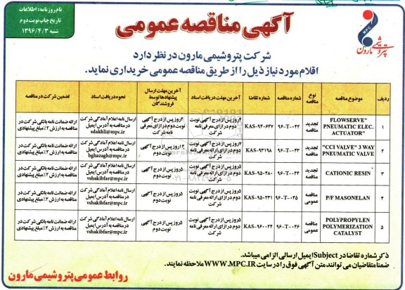 آگهی مناقصه عمومی, مناقصه FLOWSERVE PNEUMATIC ELEC.ACTUATOR نوبت دوم