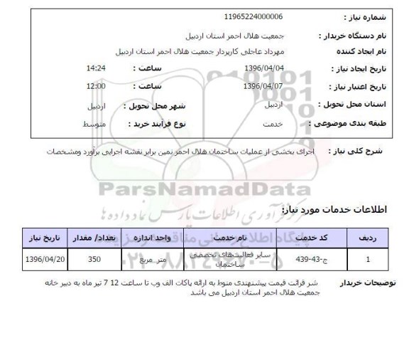استعلام  اجرای بخشی از عملیات ساختمان هلال احمر نمین 