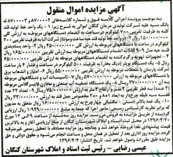 مزایده, مزایده یک واحد خط تولید قند کله ، دو واحد خط تولید قند حبه...