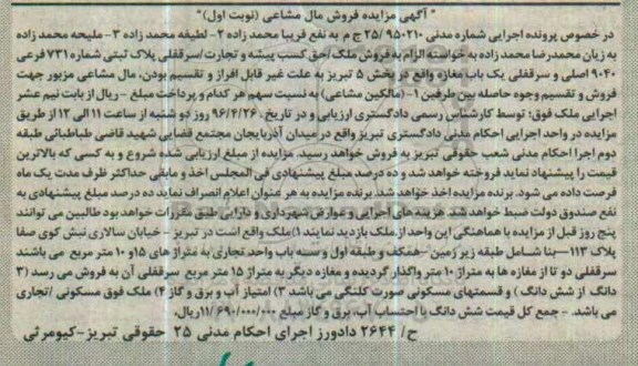 مزایده,مزایده ملک شامل طبقه زیرزمین همکف و اول و سه باب واحد تجاری