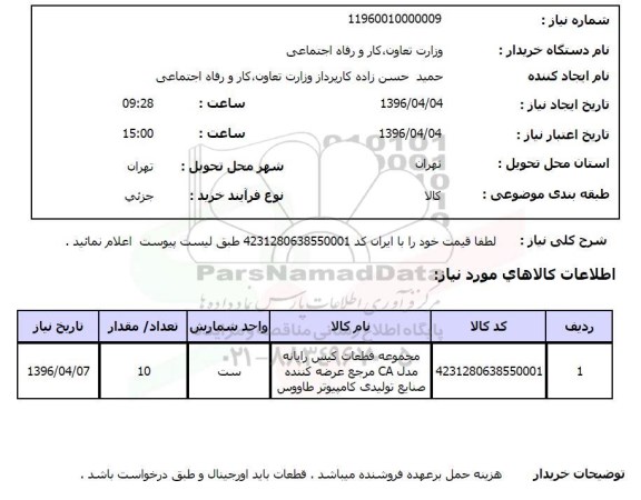 استعلام, استعلام مجموعه قطعات کیس رایانه مدل CA  
