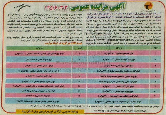 مزایده عمومی , مزایده فروش کالاهای مستعمل و اسقاط در 20 گروه نوبت دوم