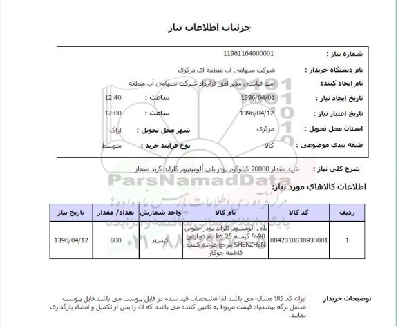 استعلام ,استعلام خرید 20000 کیلوگرم پودر پلی آلومینیوم کلراید گرید ممتاز