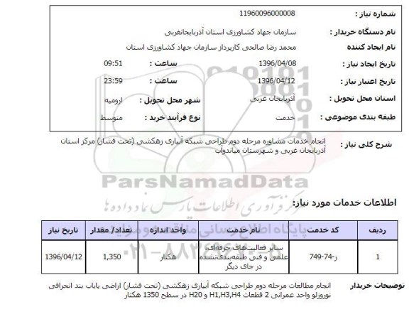 استعلام , استعلام انجام خدمات مشاوره مرحله دوم طراحی شبکه آبیاری