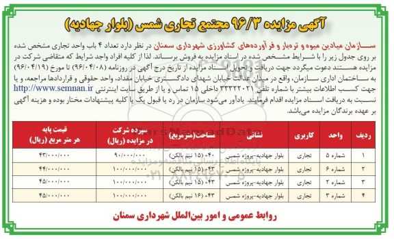 مزایده,مزایده فروش تعداد 4 باب واحد تجاری