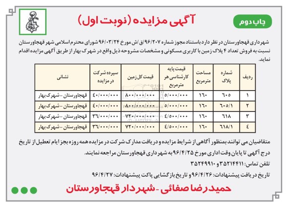 مزایده,مزایده فروش تعداد 4 پلاک زمین کاربری مسکونی شهرک بهار نوبت دوم 