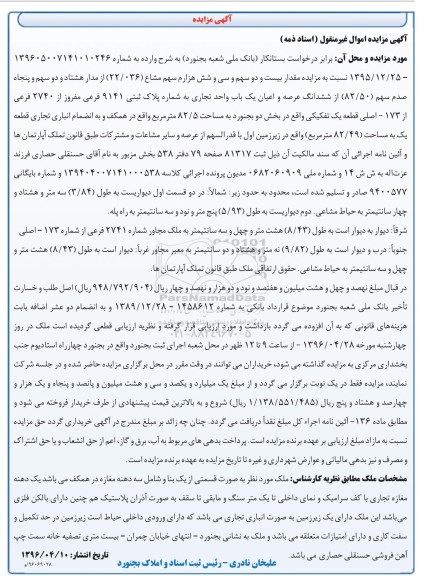 مزایده,مزایده مقدار 22.036 از مدار 82.50 از یکباب واحد تجاری 82.5متر