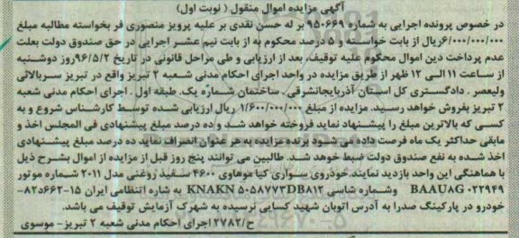 آگهی مزایده اموال منقول, مزایده خودروی سواری کیا موهاوی 4600