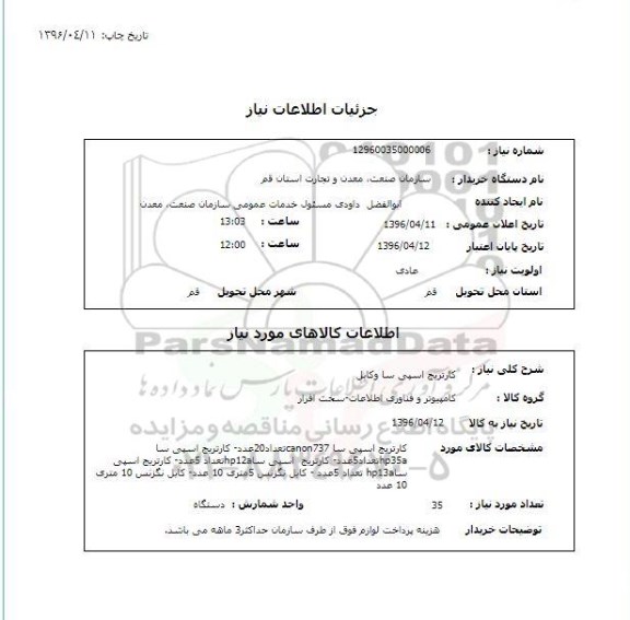 استعلام کارتریج اسپی سا و کابل