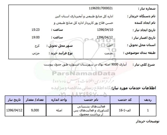 استعلام, استعلام آبیاری 9000 اصله نهال در شهرستان اشتهارد 