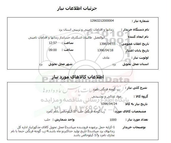 استعلام, استعلام رب گوجه فرنگی نامزد 