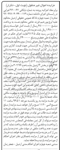 مزایده,مزایده ملک به مساحت 302.96مترمربع نوبت اول