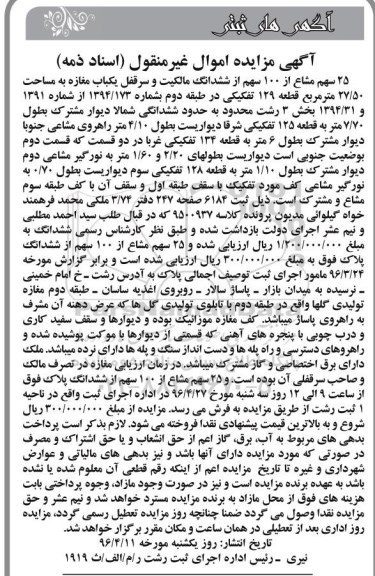 مزایده,مزایده 25 سهم مشاع از صد سهم از سرقفلی مغازه 27.50متر 
