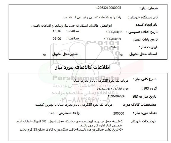 استعلام, استعلام مربای تک نفره 25 گرمی