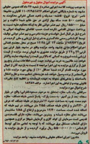 مزایده,مزایده سرقفلی یکباب مغازه مساحت هفده متر