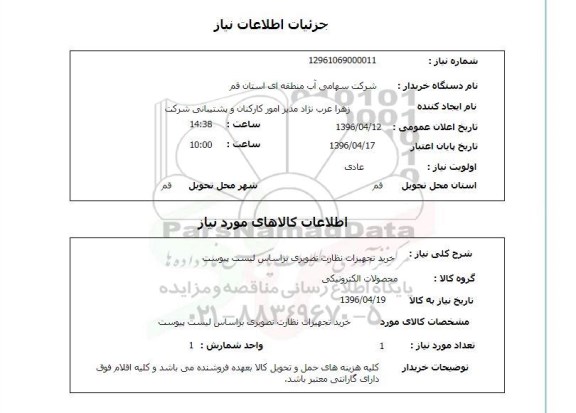 استعلام, استعلام خرید تجهیزات نظارت تصویری