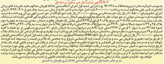 مزایده,مزایده ششدانگ یکباب منزل مساحت 208.65متر