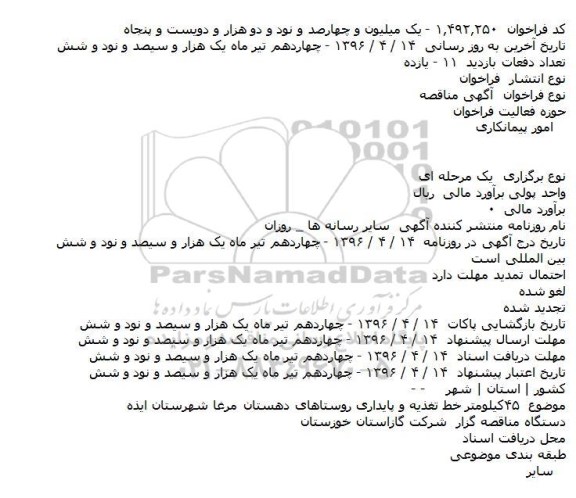 آگهی فراخوان مناقصه، مناقصه ۴۵ کیلومتر خط تغذیه و پایداری روستاهای دهستان مرغا شهرستان ایذه