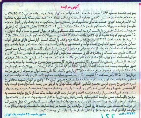 مزایده,مزایده آپارتمان دو خوابه مساحت 64.94مترمربع