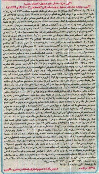مزایده,مزایده ششدانگ آپارتمان مساحت 89.17مترمربع