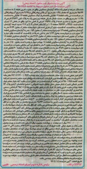 مزایده,مزایده ششدانگ آپارتمان مساحت 95.66مترمربع