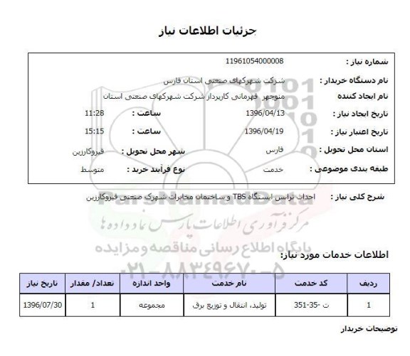 استعلام, استعلام احداث ترانس ایستگاه tbs  و ساختمان مخابرات شهرک 