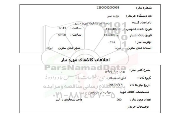 استعلام, روغن دیزل ژنراتور 96.4.14