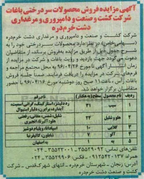 آگهی مزایده , مزایده فروش محصولات سردرختی باغات