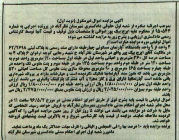 مزایده,مزایده 4 واحد از نه واحد یکدستگاه آپارتمان مسکونی عرصه 360متر