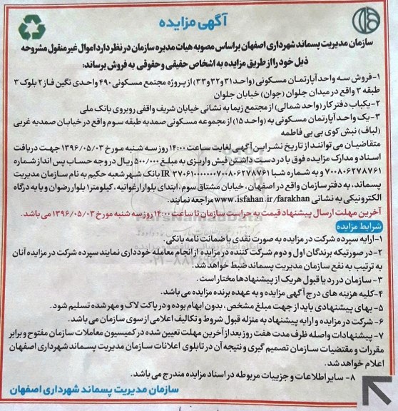 مزایده,مزایده فروش 4 واحد آپارتمان و یکباب دفتر کار 