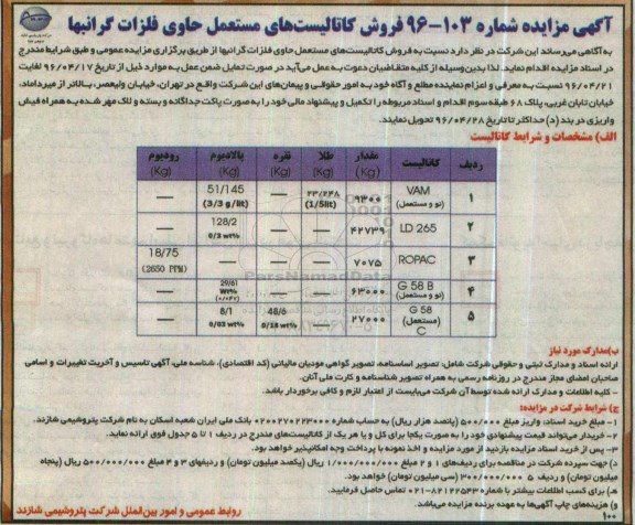 آگهی مزایده, مزایده  فروش کاتالیست های مستعمل حاوی فلزات گرانبها 