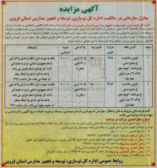 مزایده ,مزایده منازل سازمانی متراژ 93.5 و 93.84متر