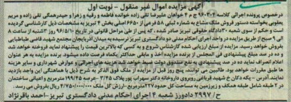 مزایده , مزایده ملک مشاع مساحت عرصه 199.45متر