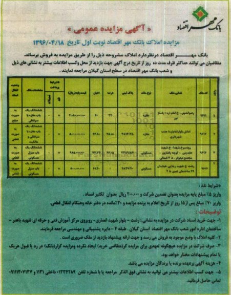 مزایده ,مزایده املاک بانک مهر اقتصاد