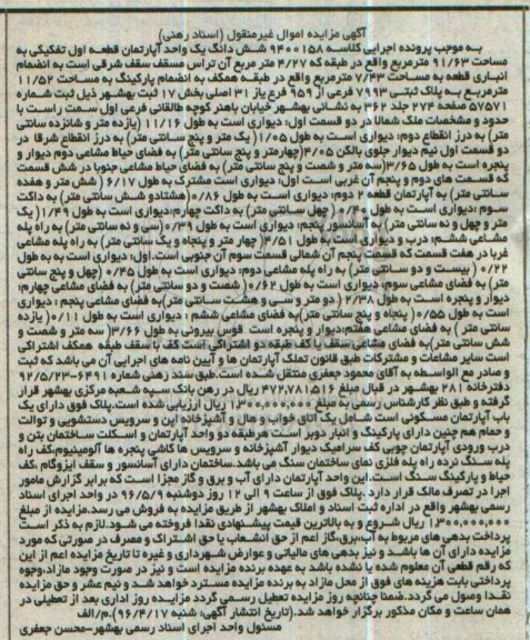 مزایده ,مزایده ششدانگ اپارتمان قطعه اول تفکیکی
