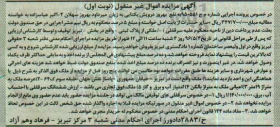 مزایده اموال غیر منقول سرقفلی ملکی از پلاک ثبتی