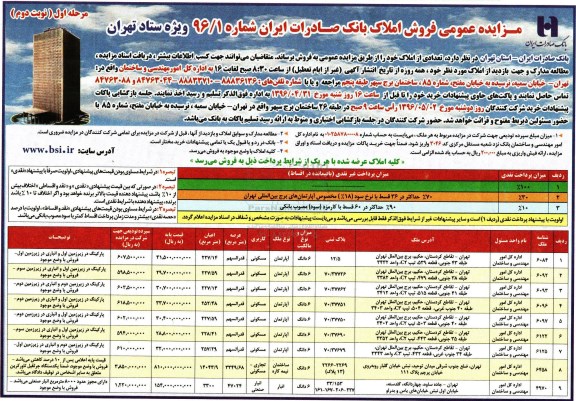 مزایده ,مزایده عمومی فروش املاک بانک صادرات مرحله اول نوبت دوم