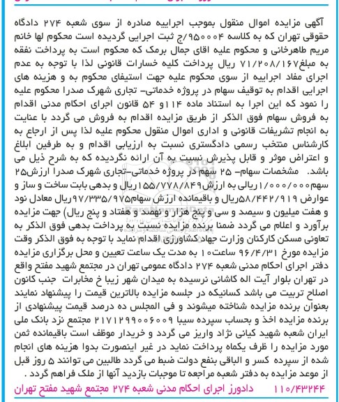 مزایده 25 سهم در پروژه خدماتی...