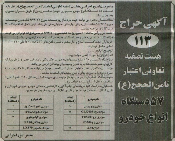 مزایده 57 دستگاه انواع خودرو