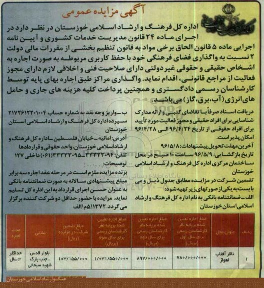 آگهی مزایده عمومی, مزایده واگذاری به اجاره فضای فرهنگی با حفظ کاربری مربوطه