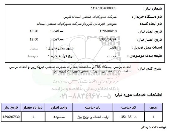استعلام, استعلام احداث ترانس ایستگاه tbs  و ساختمان مخابرات شهرک 
