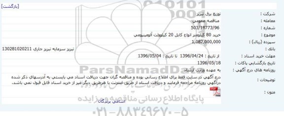 مناقصه عمومی, مناقصه خرید 80 کیلومتر انواع کابل 20 کیلوولت آلومینیومی 